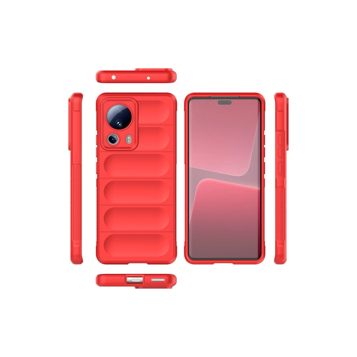 Yastıklı tasarımlı ve kamera kesimli kırmızı telefon kılıfı, her açıdan gösteriliyor.