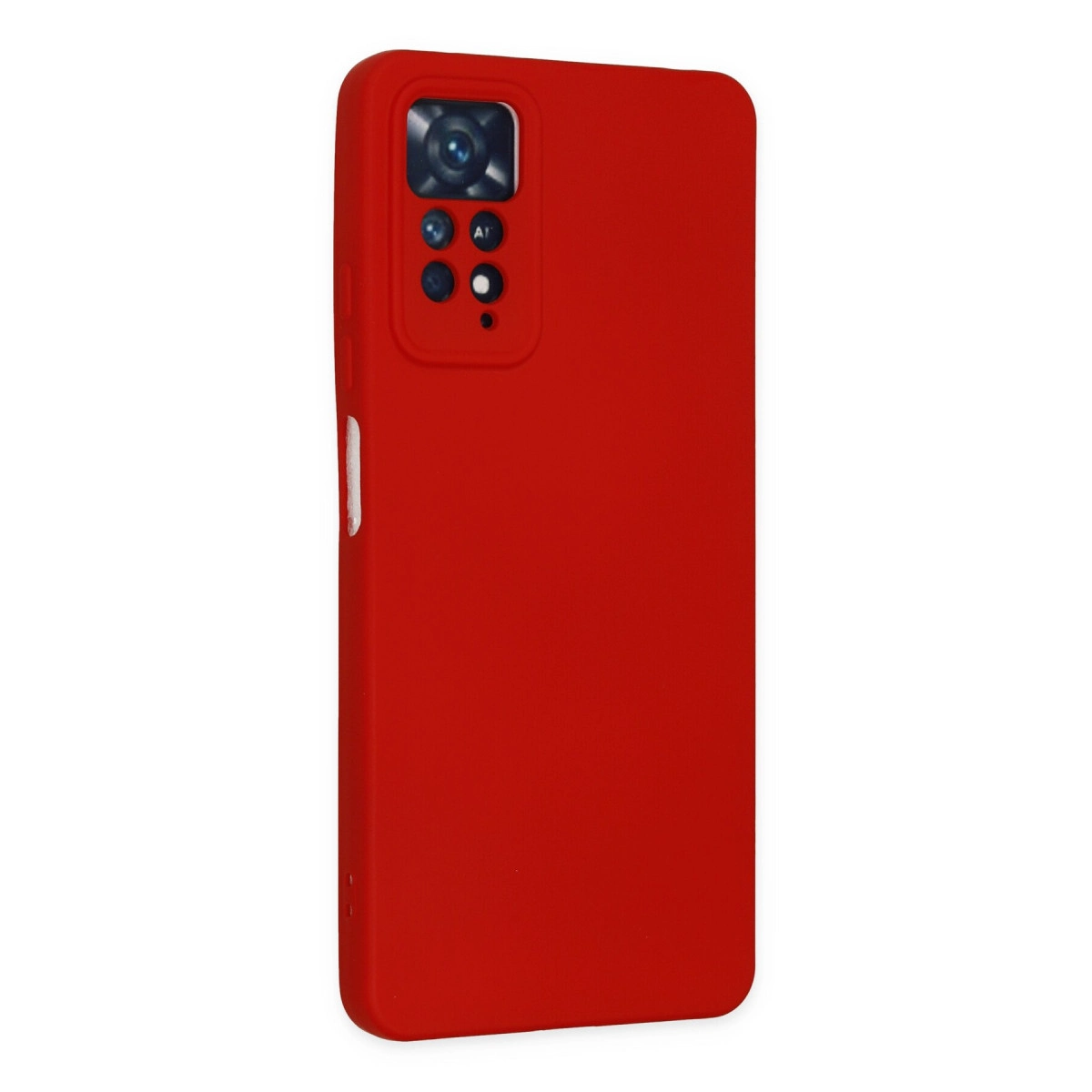 Kamera modüllü kırmızı telefon kılıfı, beyaz zeminde.