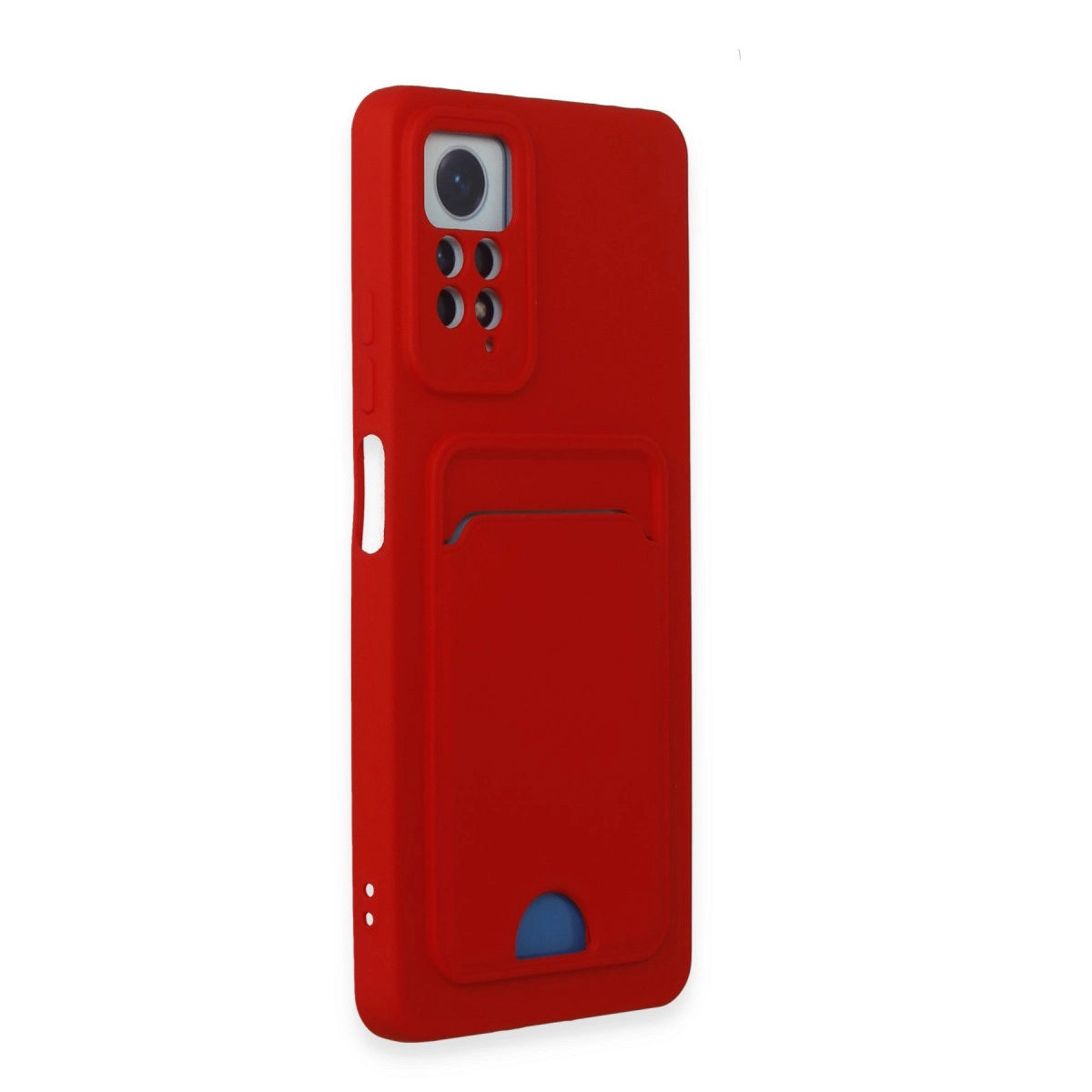 Kart yuvalı ve kamera kesimli kırmızı telefon kılıfı. Beyaz arka plan.