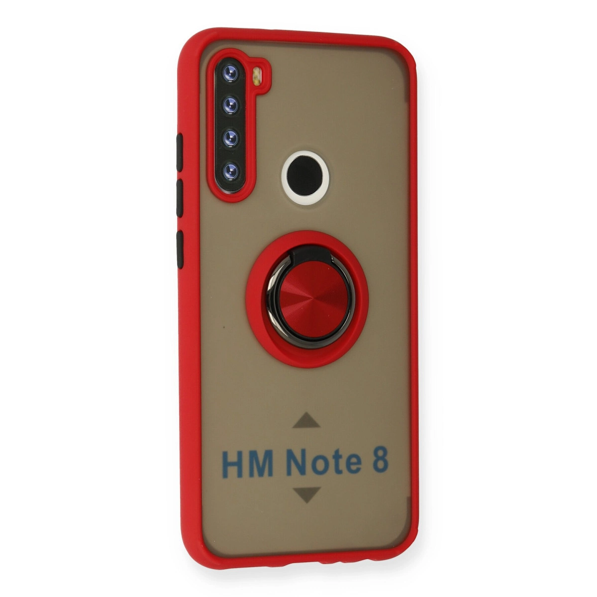Dört kameralı, parmak izi sensörlü, halka tutuculu kırmızı telefon kılıfı ve "HM Note 8".