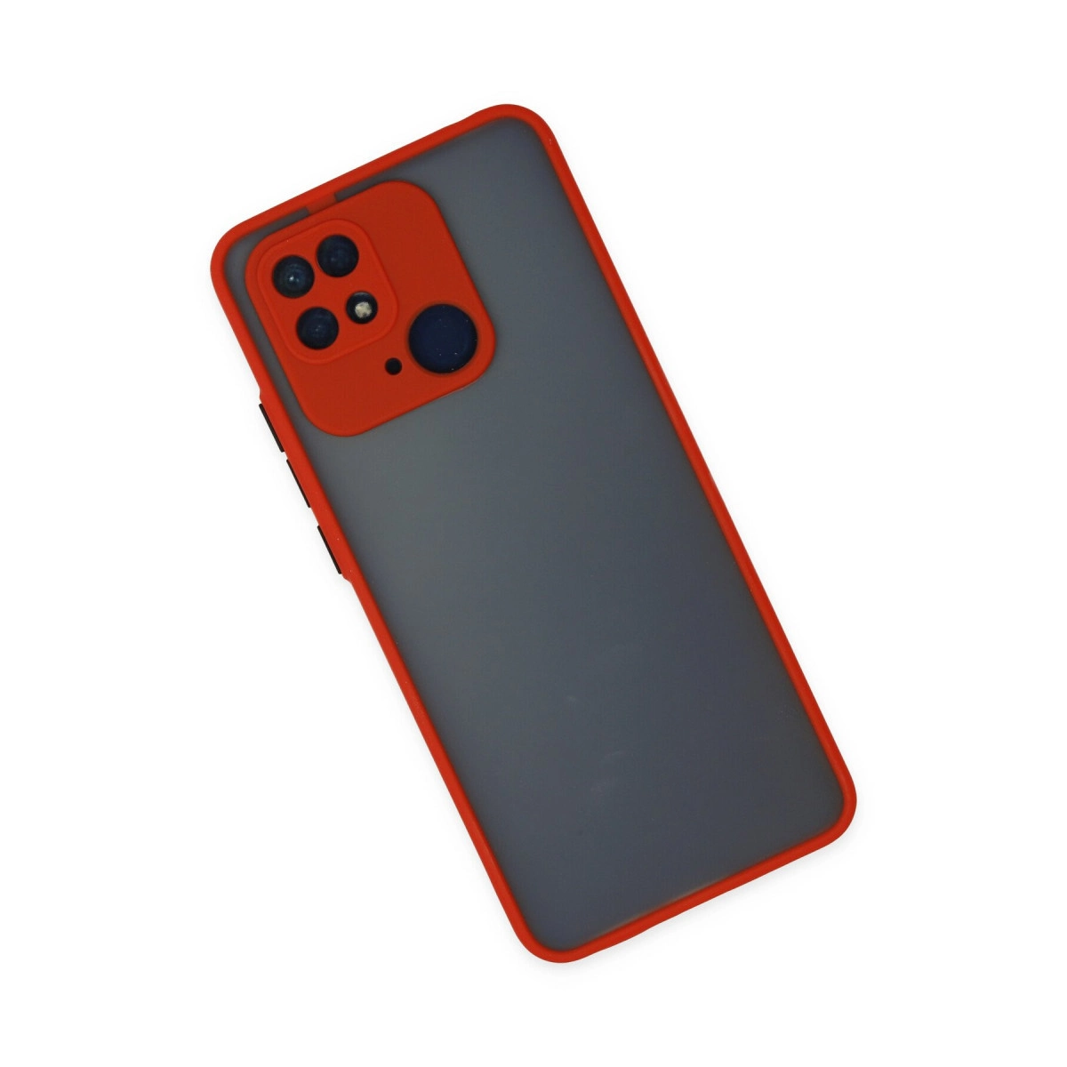 Kırmızı çerçeveli ve kırmızı kamera modüllü gri telefon kılıfı.