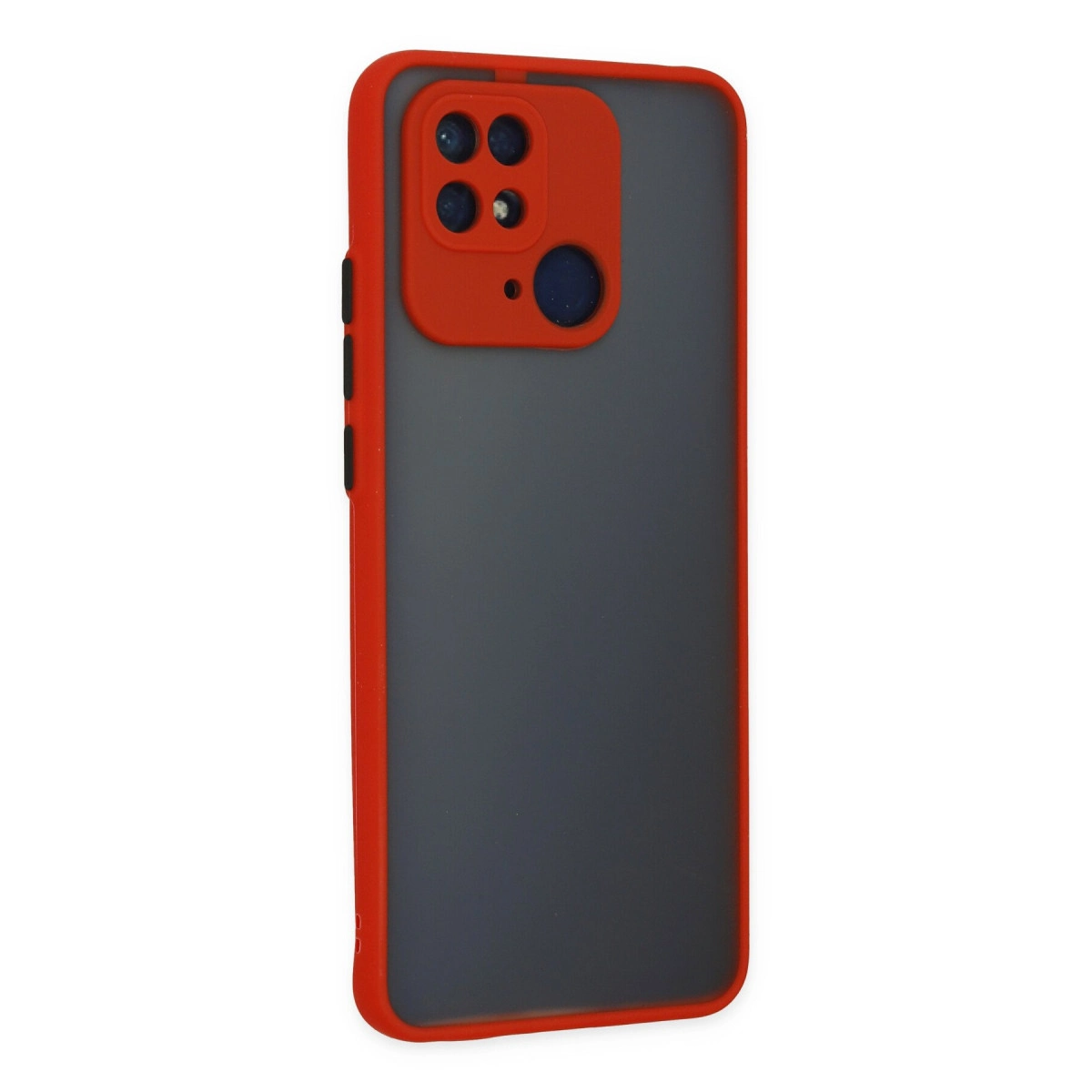 Kırmızı kamera çerçeveli ve kırmızı kenarlı gri telefon kılıfı.