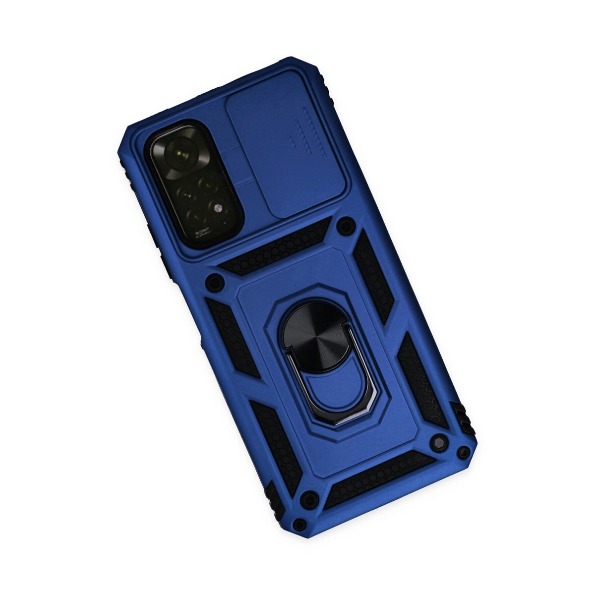 Kamera kapaklı ve halka tutuculu mavi telefon kılıfı.