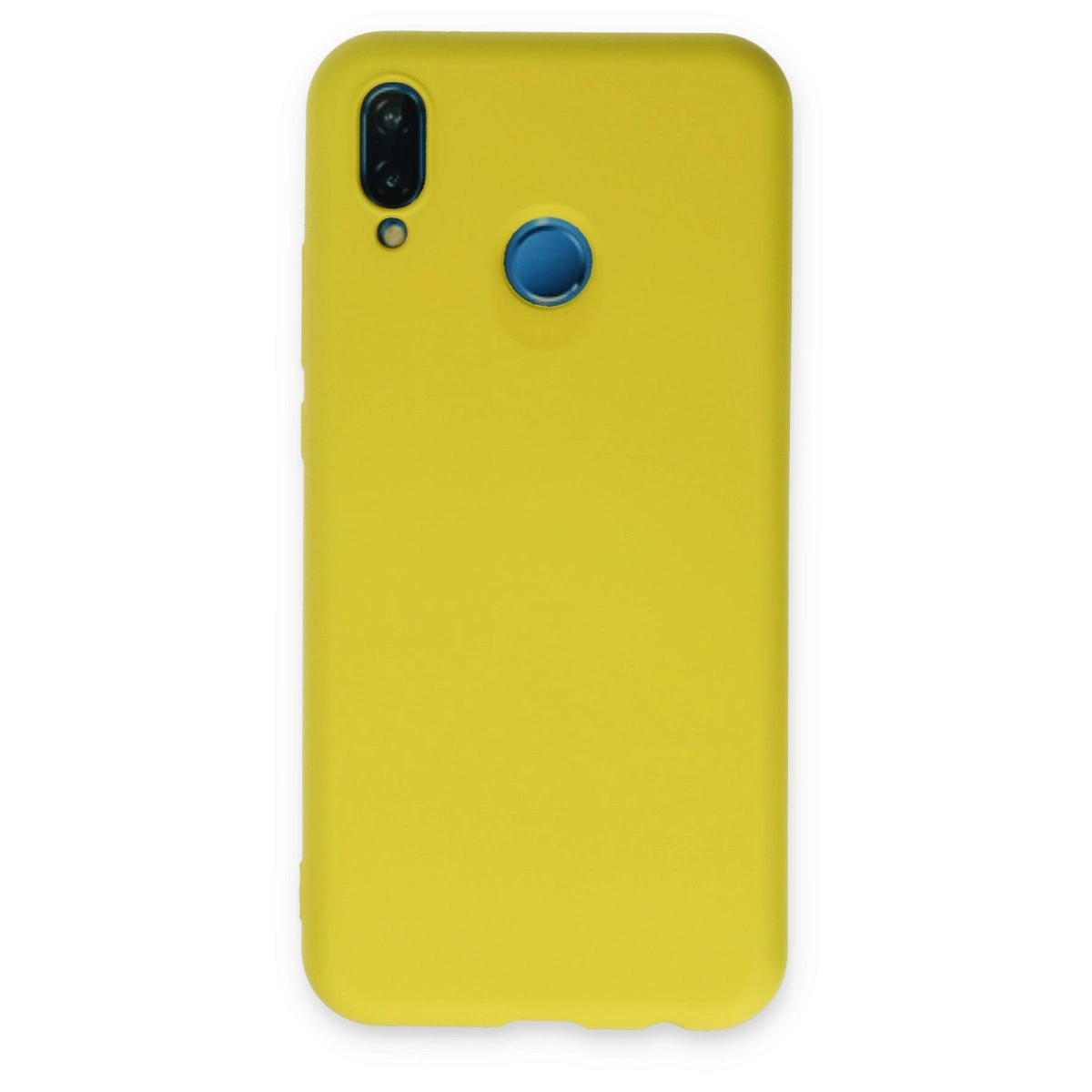 Kamera oyuntulu ve mavi parmak izi sensörlü sarı telefon kılıfı.