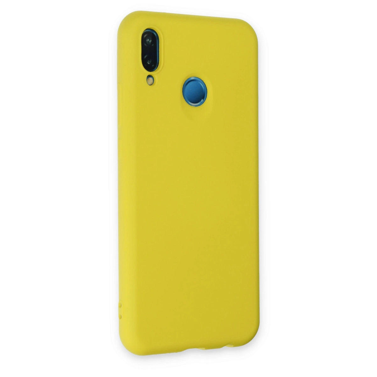 Mavi kamera lensli ve parmak izi sensörlü sarı telefon kılıfı.