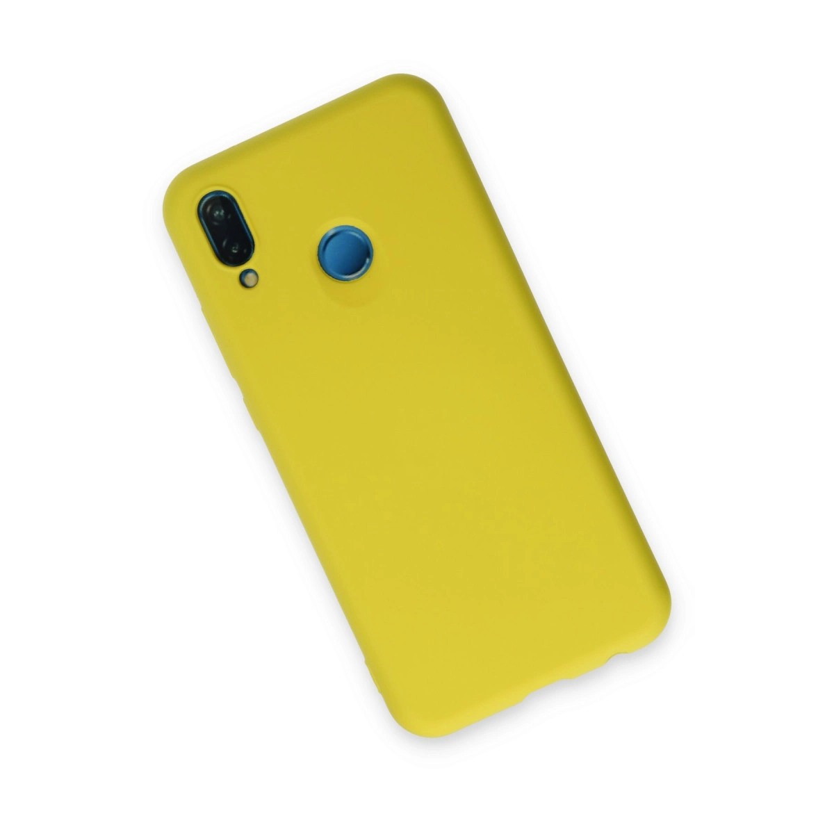 Kamera oyuntulu ve mavi parmak izi sensörü açıklıklı sarı telefon kılıfı.
