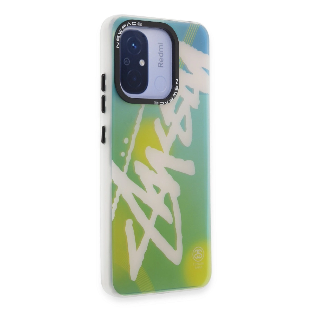 Yeşil ve mavi geçişli, beyaz grafiti tarzı yazılı telefon kılıfı.