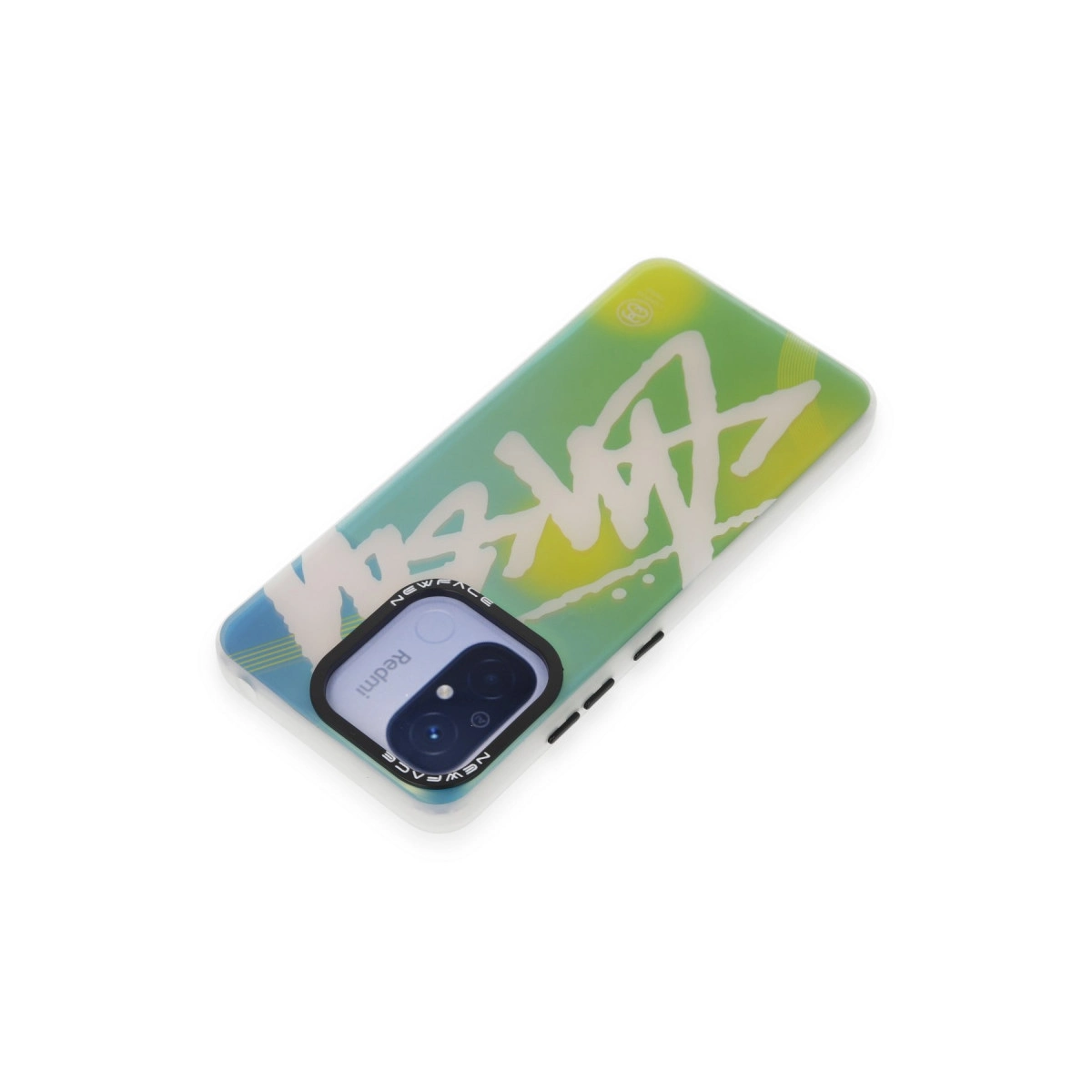 Mavi, yeşil ve sarı renklerde graffiti tasarımlı telefon kılıfı. "STUSSY" logosu.