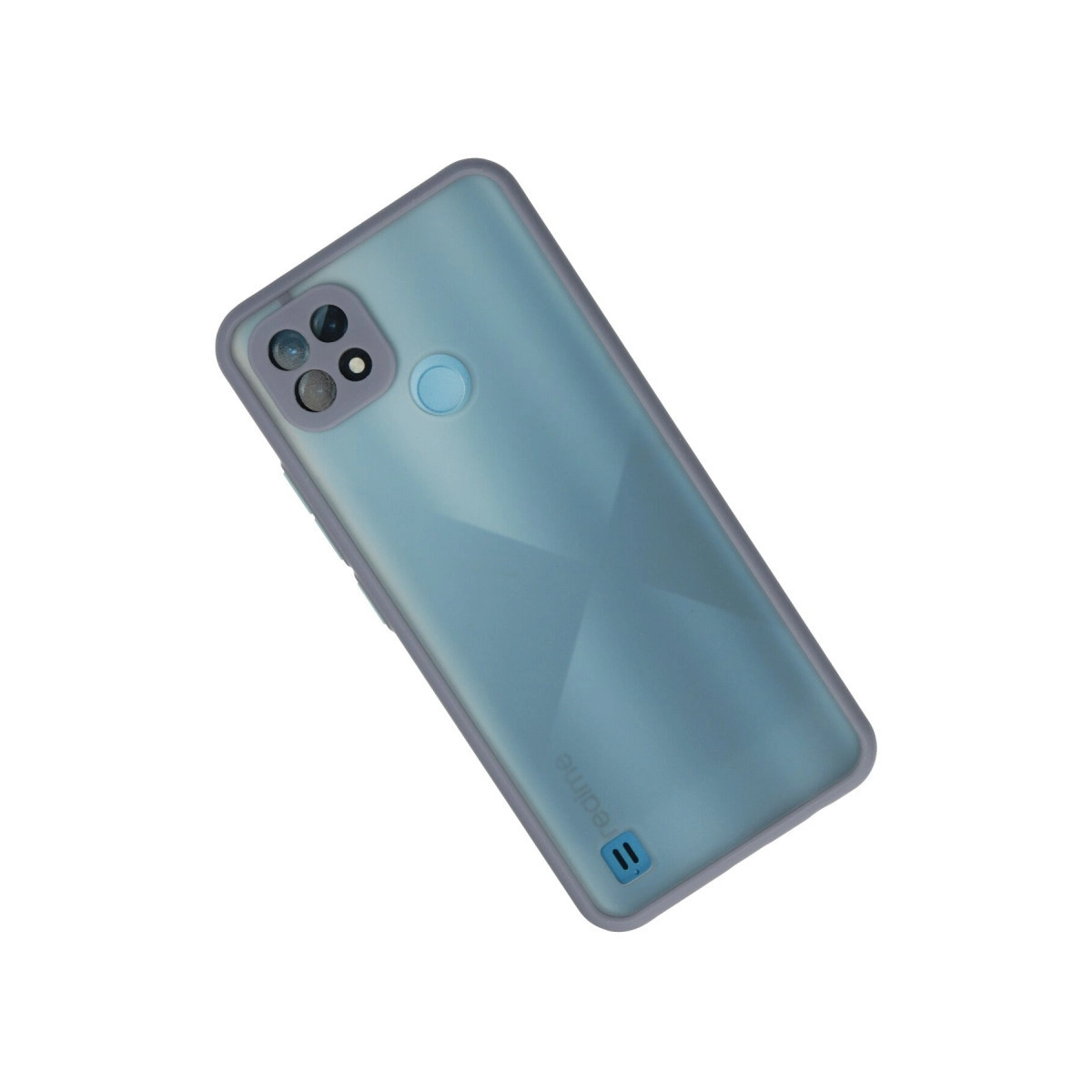 Üç kameralı ve parmak izi sensörlü mavi telefon kılıfı.