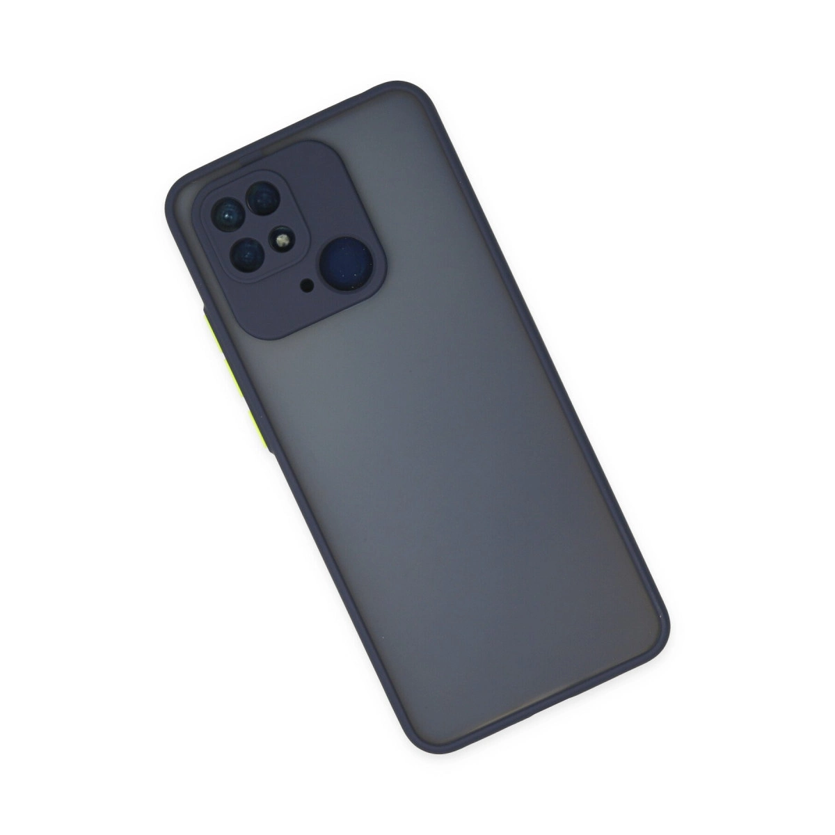 Koyu gri telefon kılıfı, koyu kamera modülü ve sarı vurgu kenarlığı.