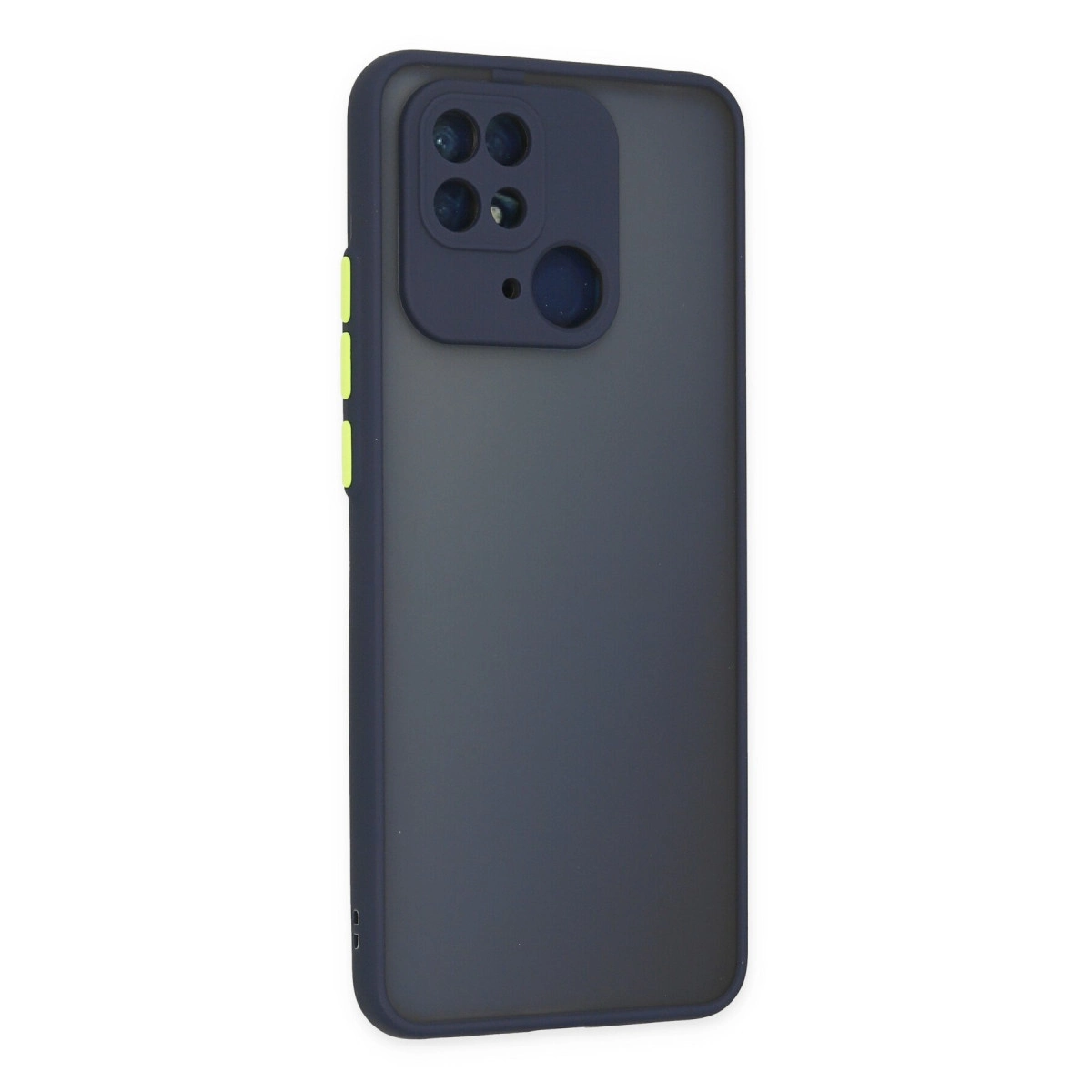 Kamera lens kapaklı ve sarı düğmeli koyu gri telefon kılıfı.