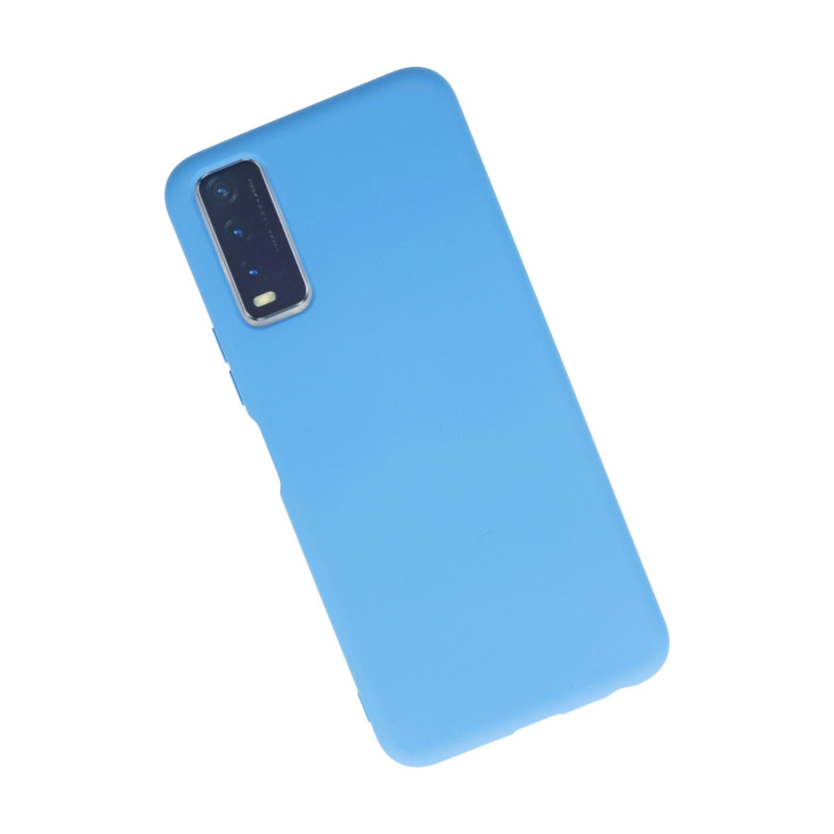 Beyaz arka plan üzerinde kamera modüllü mavi telefon kılıfı.