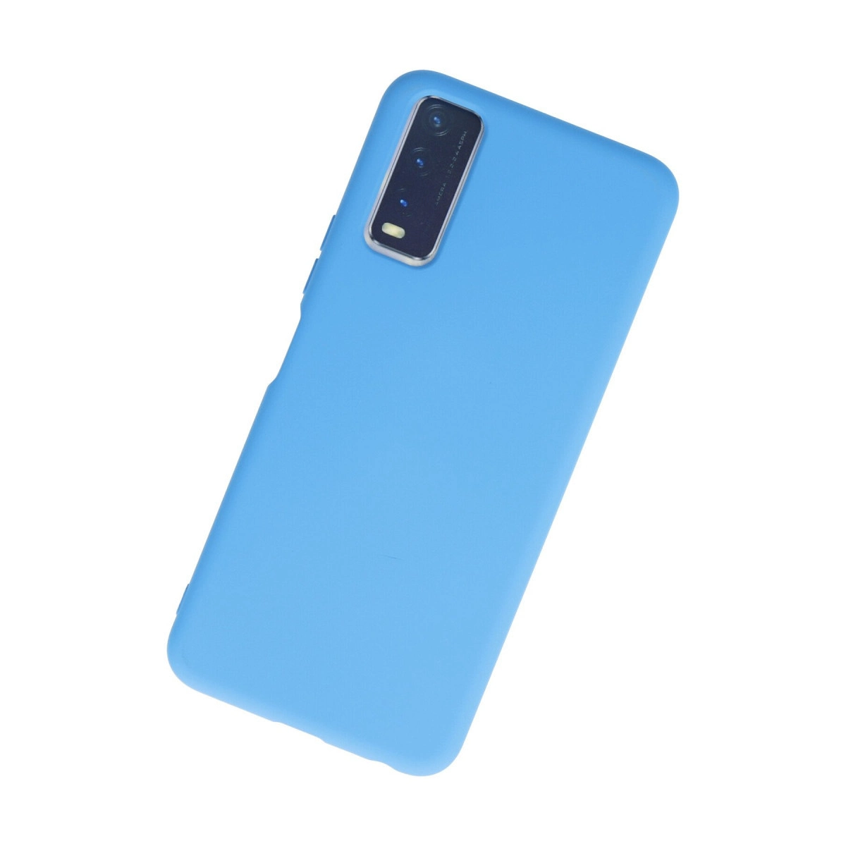 Dikdörtgen kamera lensli açık mavi telefon kılıfı.