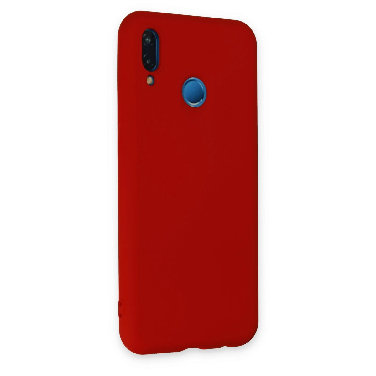 Mavi kamera çevresi ve parmak izi sensörlü kırmızı telefon kılıfı.