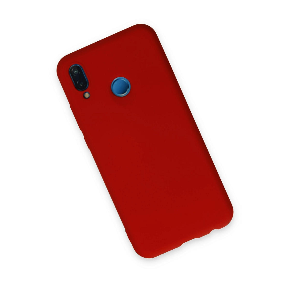 Kamera modüllü ve mavi parmak izi sensörlü kırmızı telefon kılıfı.