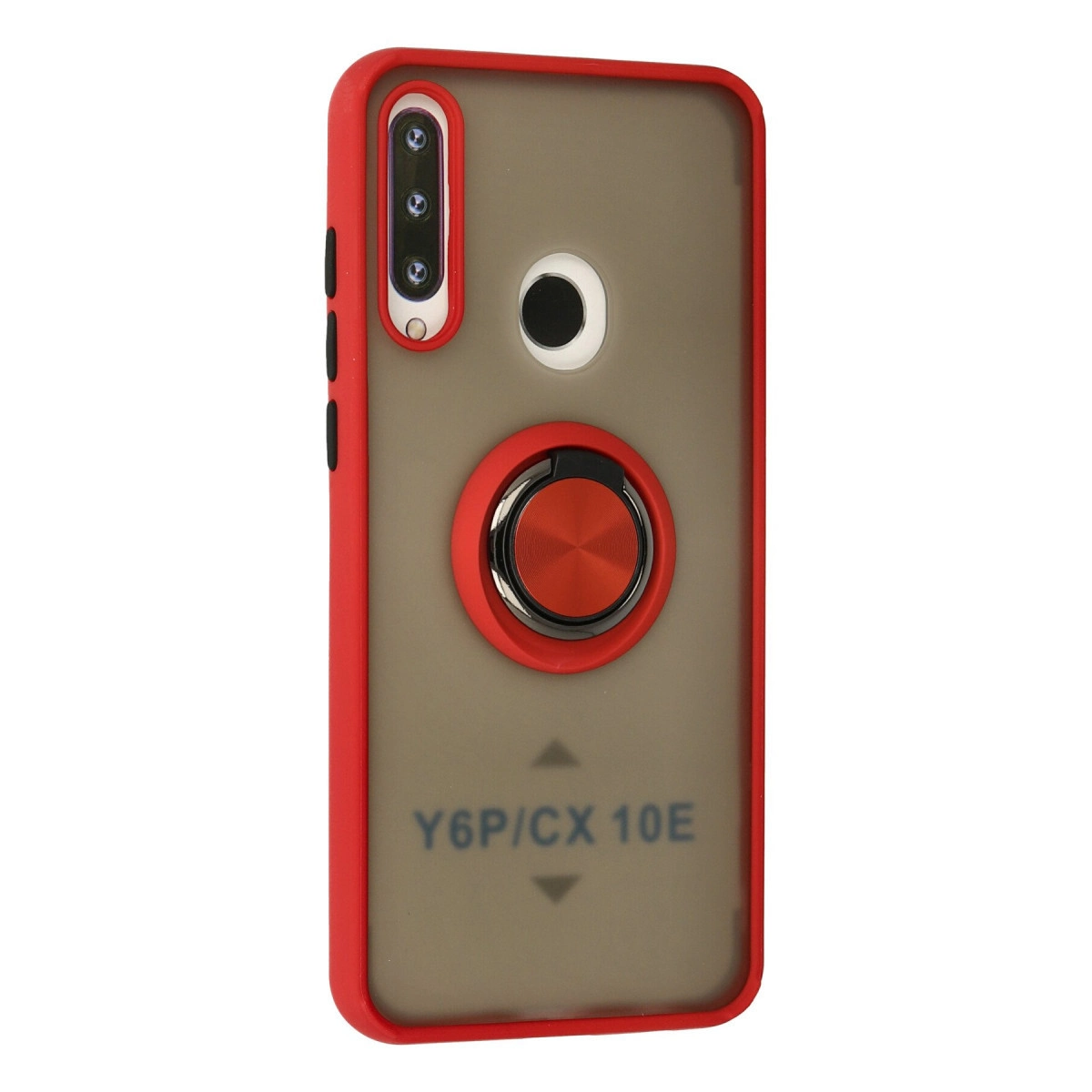 Kamera dizisi, parmak izi sensörü ve halka tutuculu kırmızı telefon kılıfı.