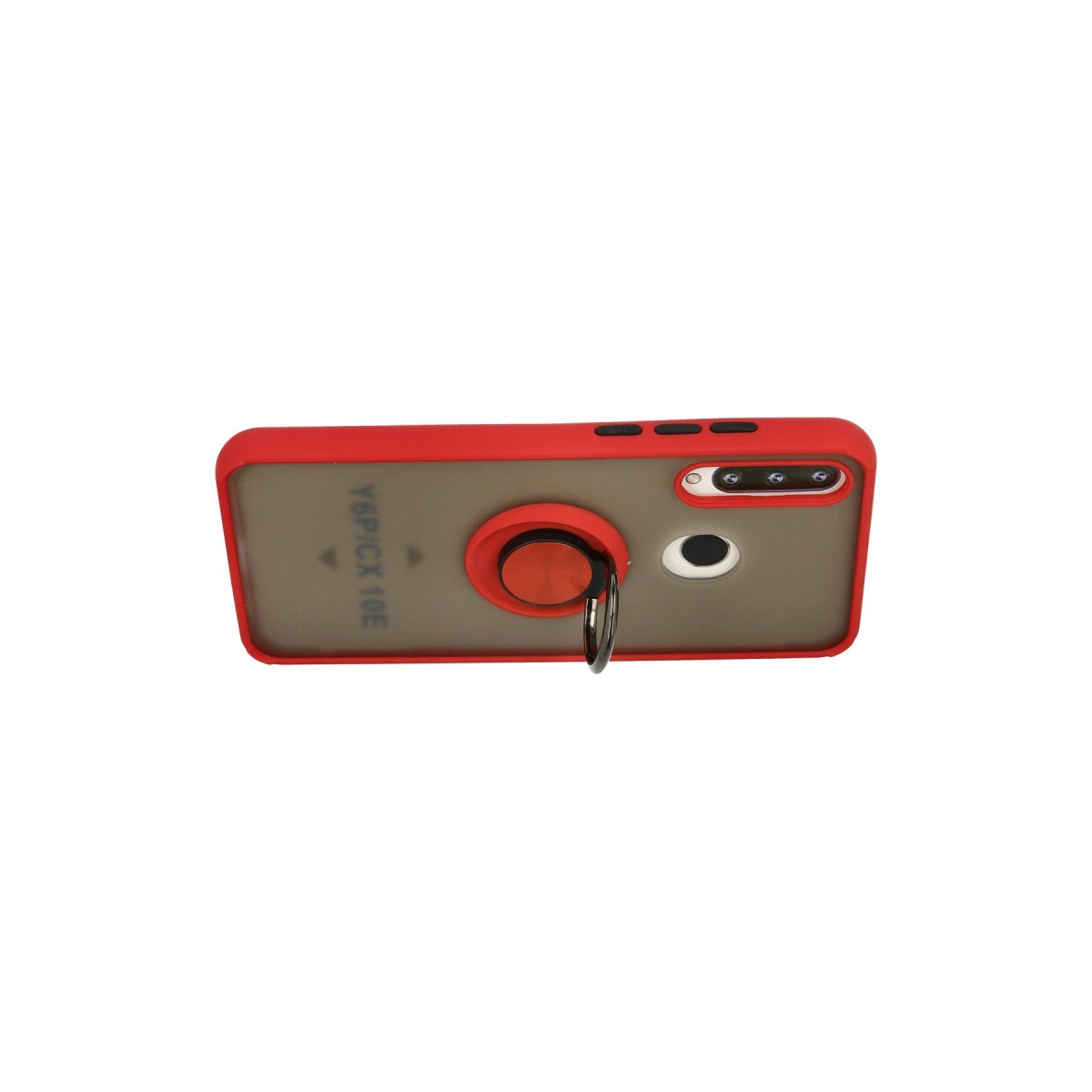 Siyah yüzük tutuculu kırmızı telefon kılıfı ve lensler.