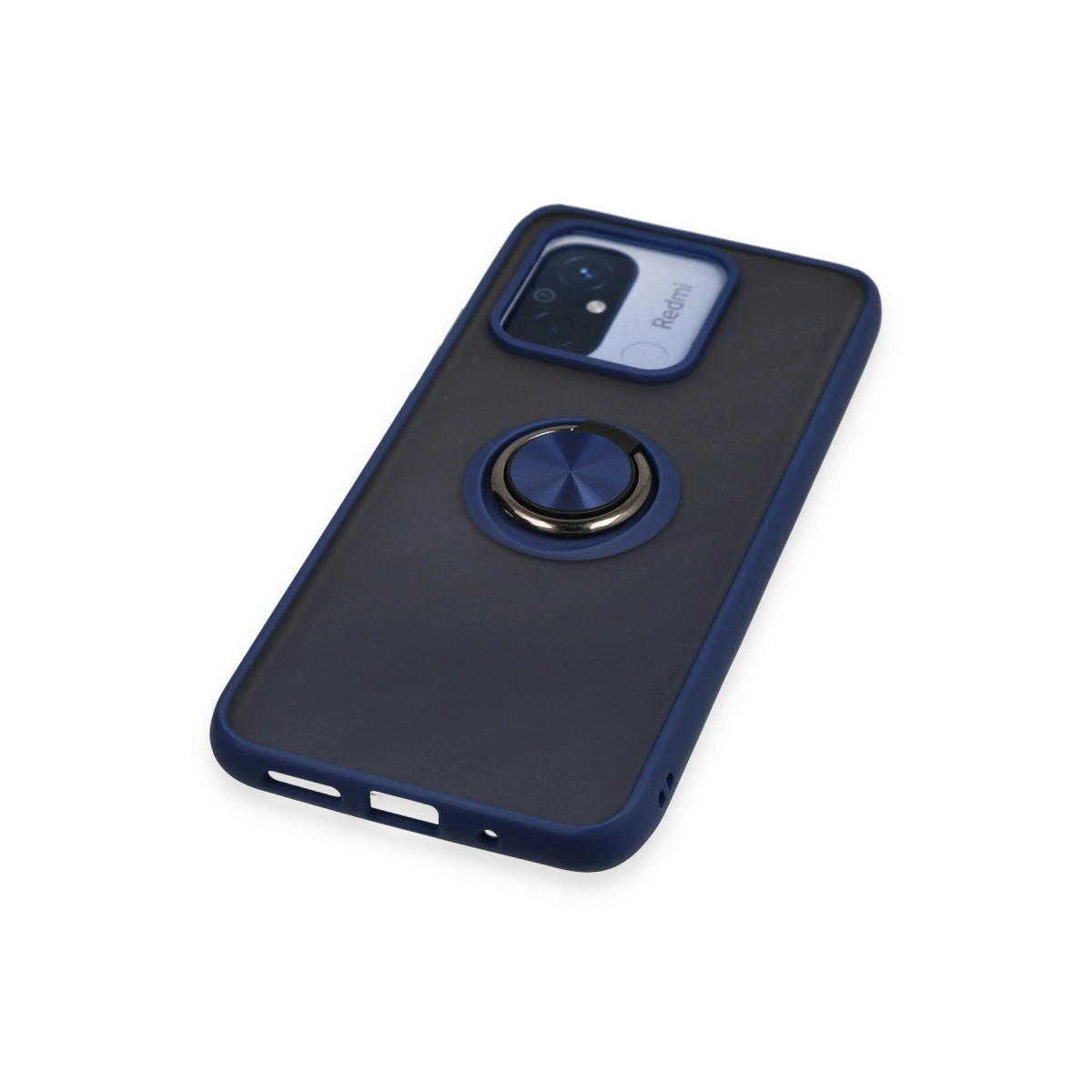 Halka tutuculu ve kamera modüllü lacivert telefon kılıfı.