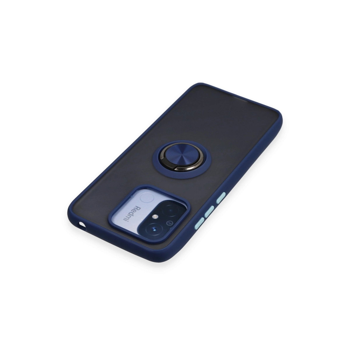 Halka tutuculu ve kamera boşluklu lacivert telefon kılıfı.