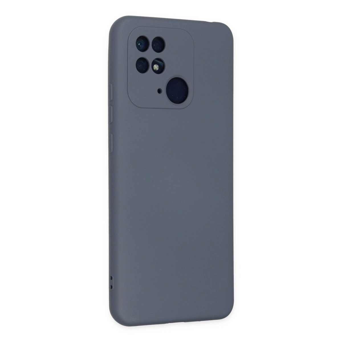 Kamera oyuntulu koyu gri telefon kılıfı. Solda düğmeler bulunur.