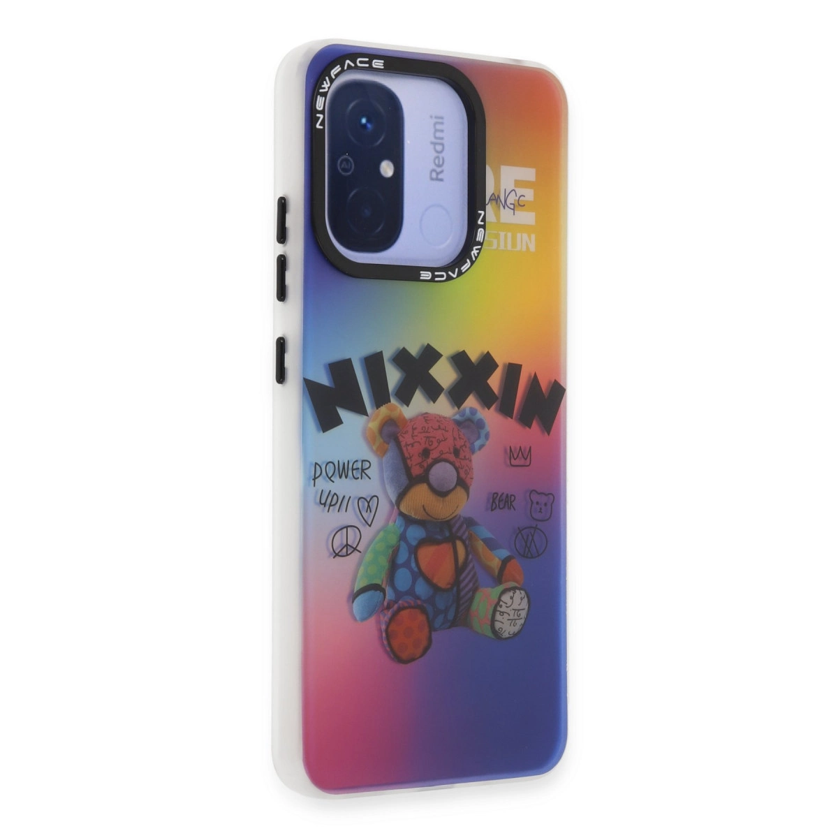 Ayıcık tasarımı ve "NIXXIN" yazısı bulunan renkli telefon kılıfı.