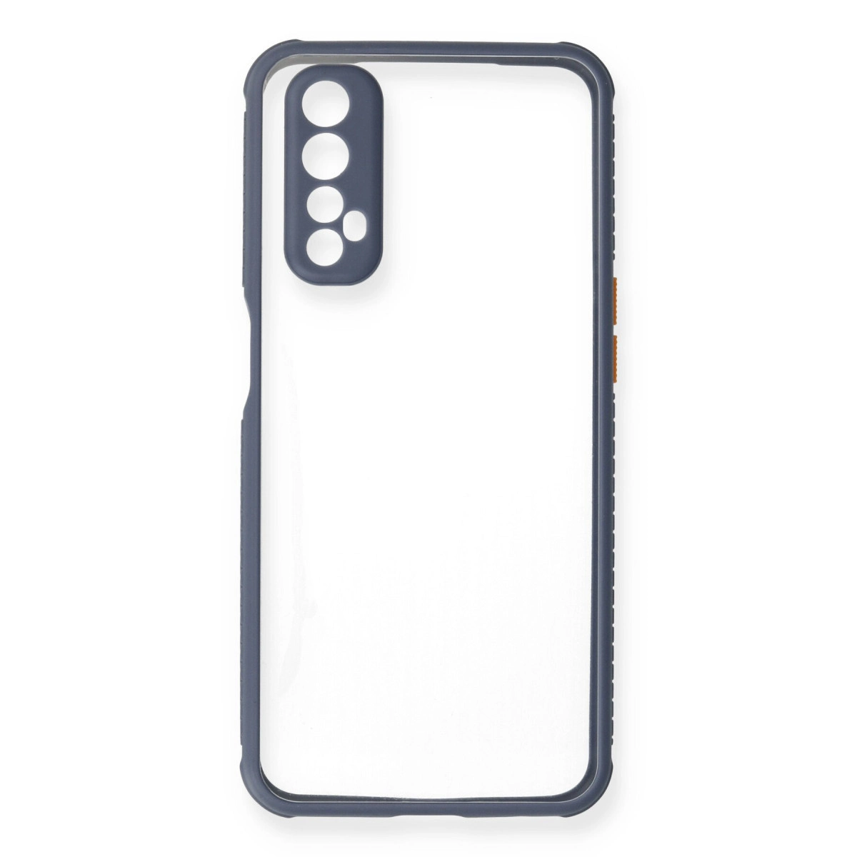 Koyu gri kenarlı ve kamera oyuntulu şeffaf telefon kılıfı.