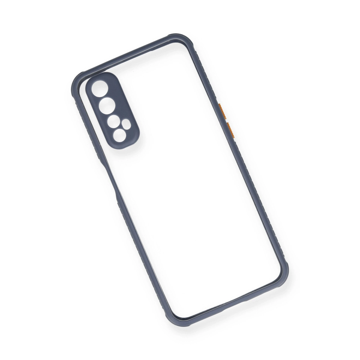 Koyu çerçeveli ve kamera kesimli şeffaf telefon kılıfı.