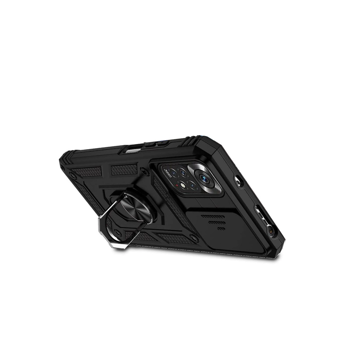 Halka tutuculu ve kamera sistemli siyah telefon, beyaz arka plan üzerinde.