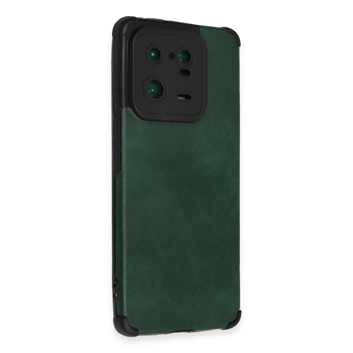 Görünür lenslere sahip siyah kamera modüllü koyu yeşil telefon kılıfı.