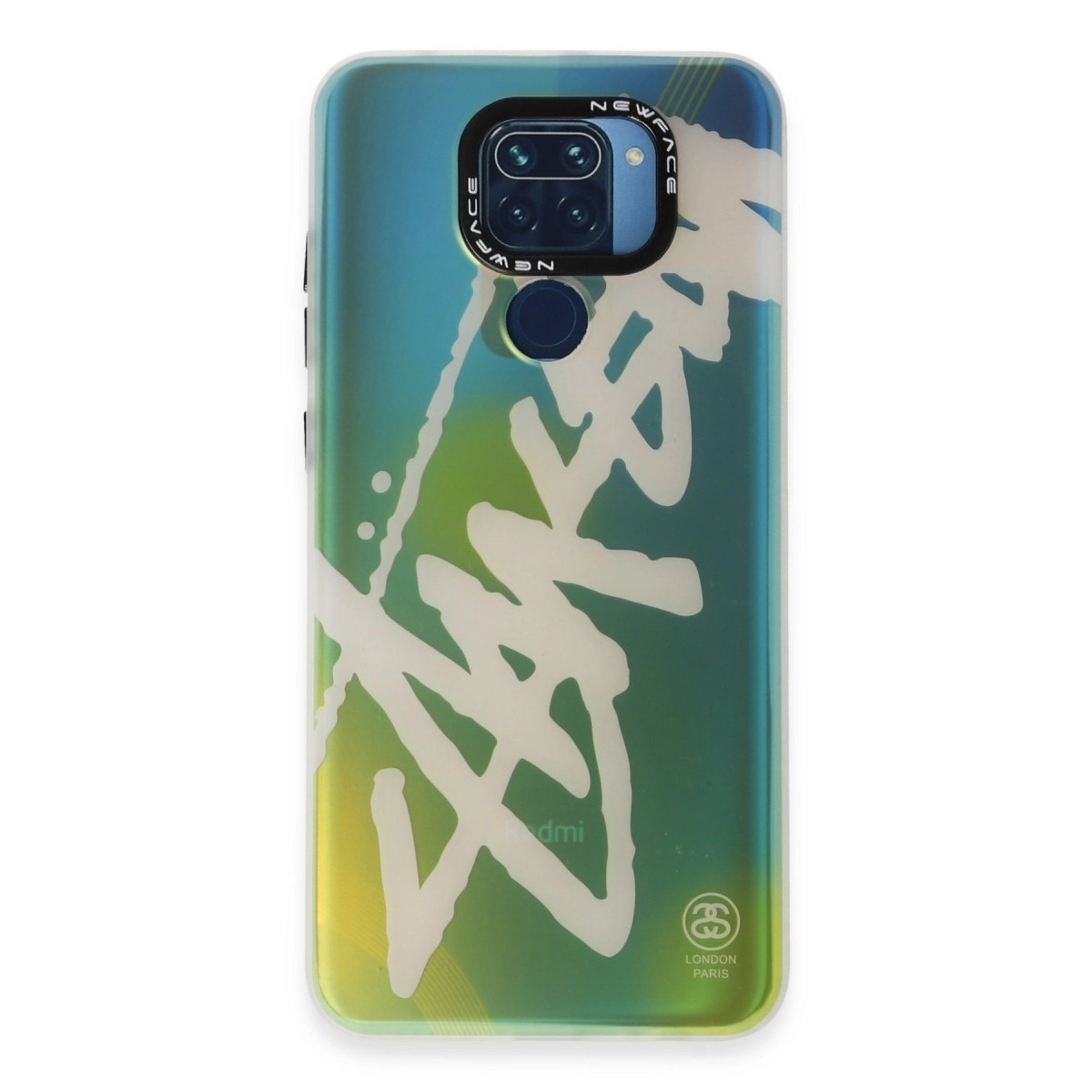 Beyaz yazı ve grafiklere sahip renkli kılıflı bir akıllı telefon.