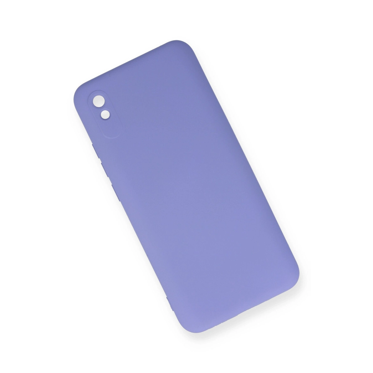 Beyaz arka plan üzerinde iki kamera deliği olan mor telefon kılıfı.