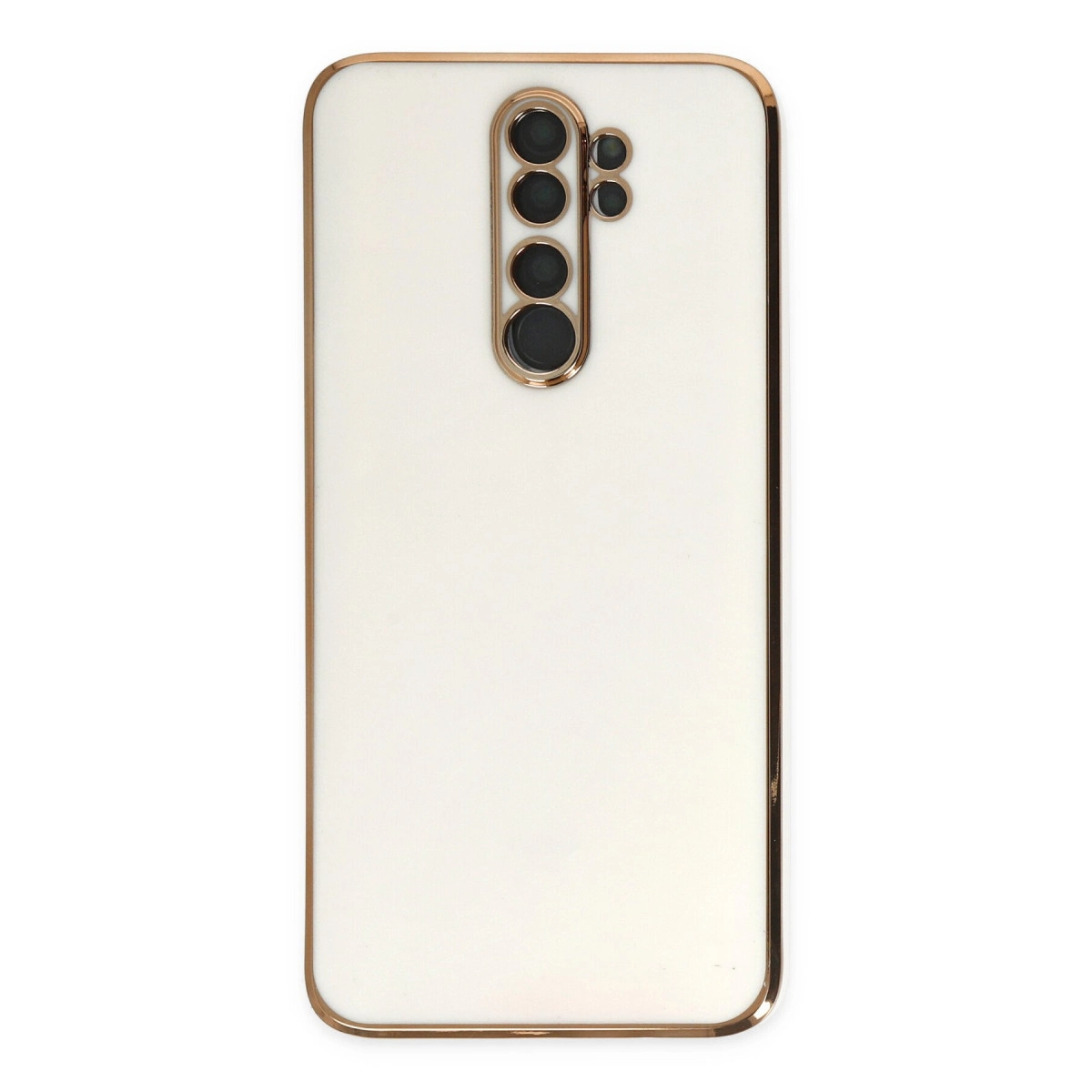 Altın süslemeli ve kamera kesimli beyaz telefon kılıfı.