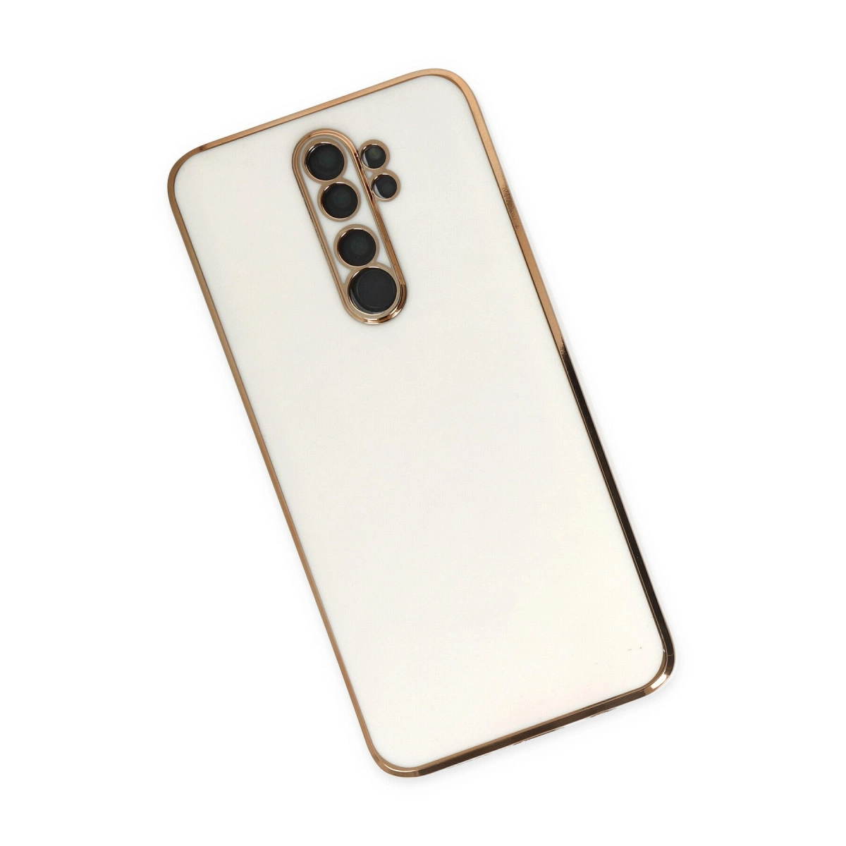 Altın kenarlı beyaz telefon kılıfı ve kamera lens grubu.