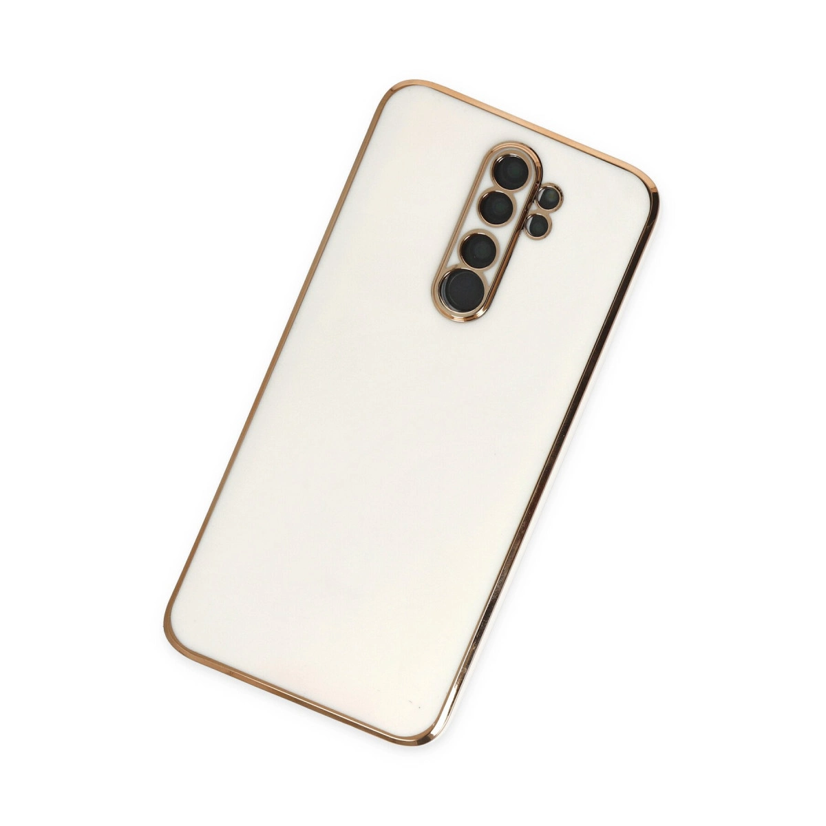 Dört kameralı, altın kenarlı beyaz telefon kılıfı.