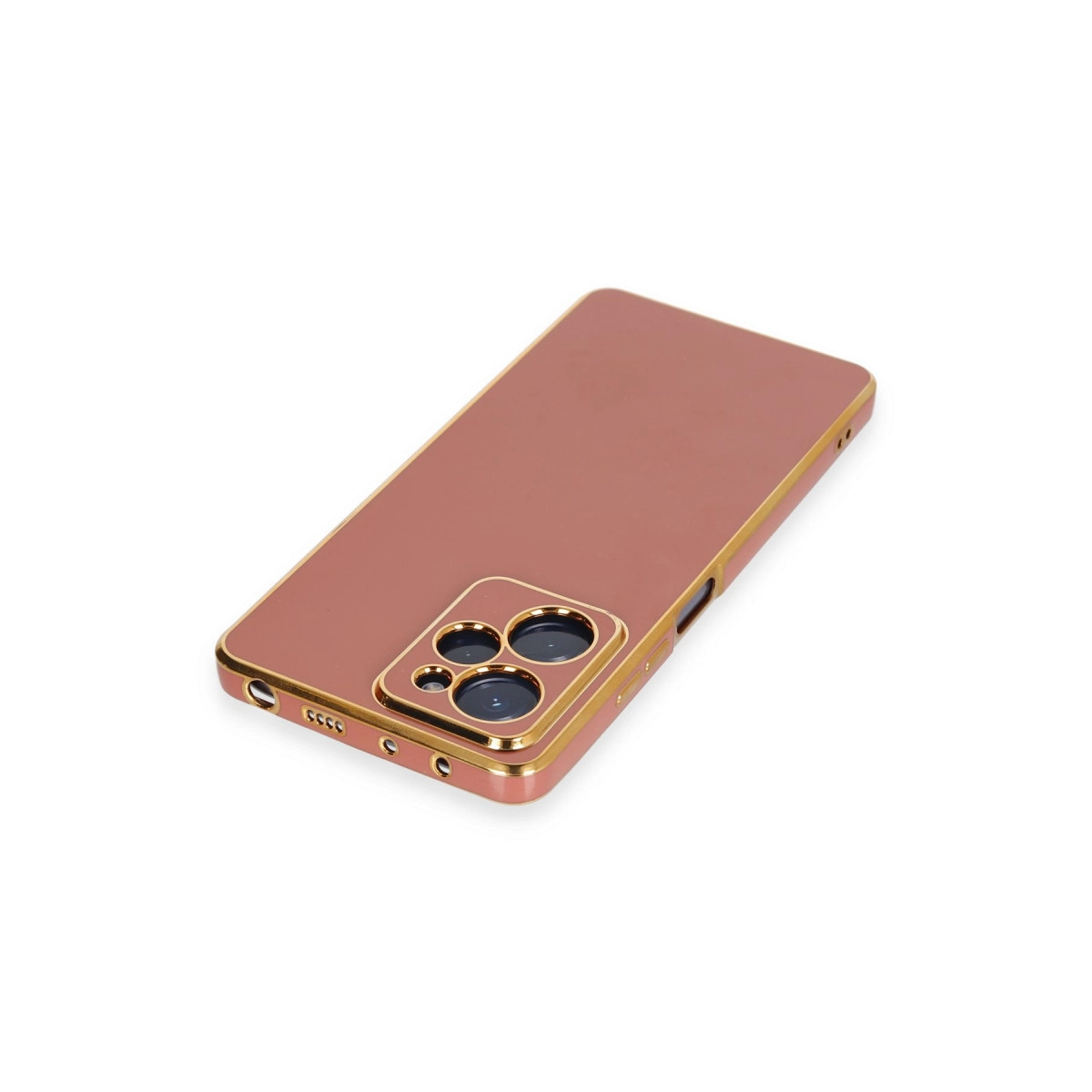 Altın çerçeveli rose gold telefon kılıfı, lensleri ve düğmeleri gösteriyor.