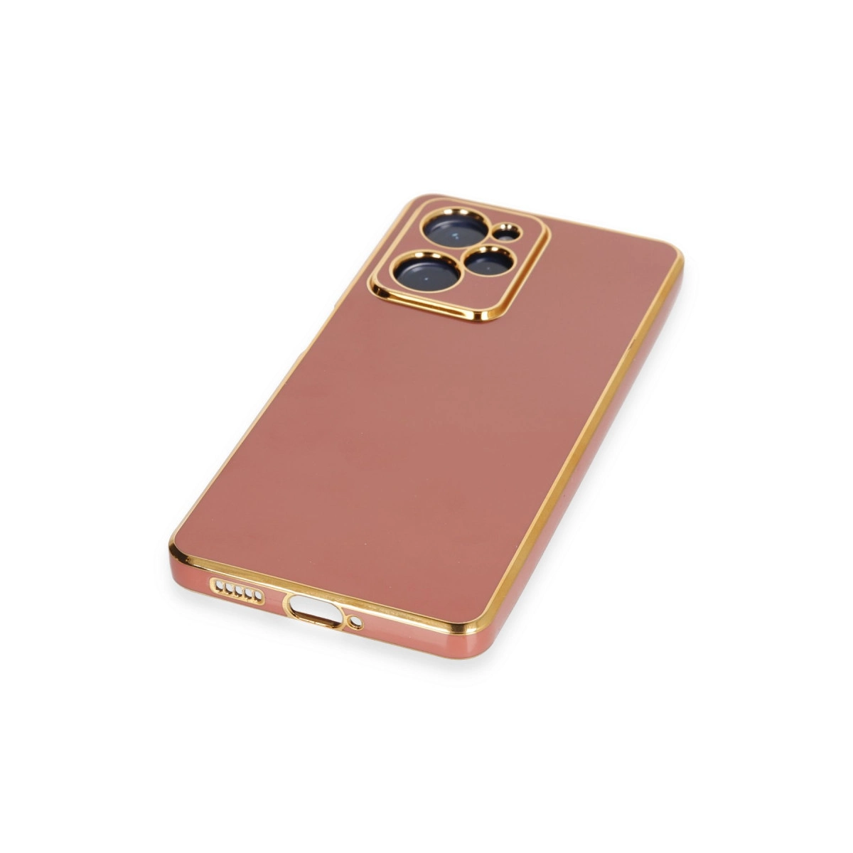 Altın kenarlı, pembe telefon kılıfı ve kamera lensi kesiği.