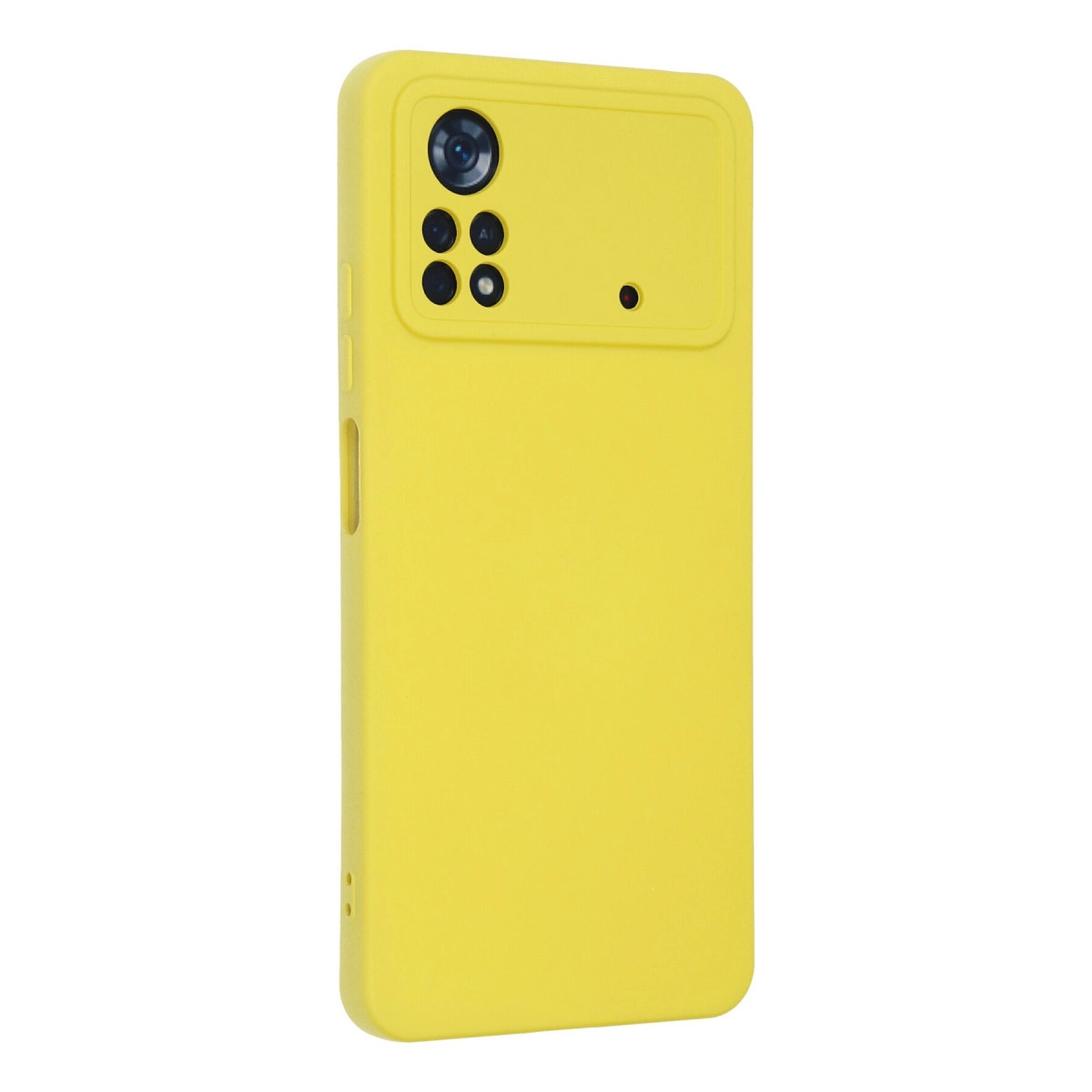 Arkada kamera kesimi ve dört lensi olan sarı telefon kılıfı.