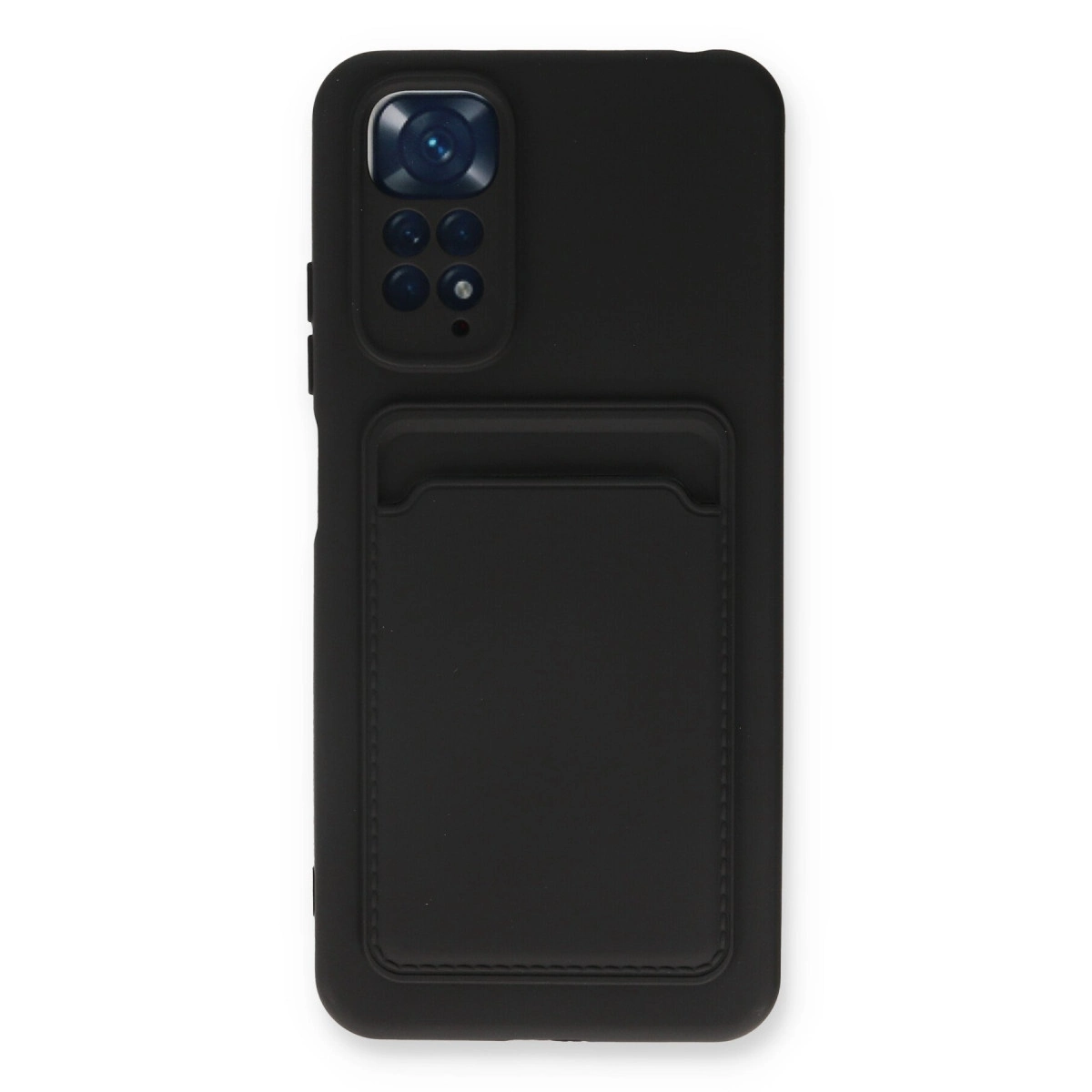 Kart yuvalı ve belirgin kamera modüllü siyah telefon kılıfı.