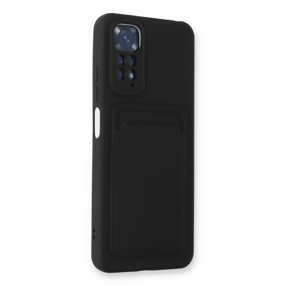 Kamera modüllü ve kart bölmeli siyah telefon kılıfı.