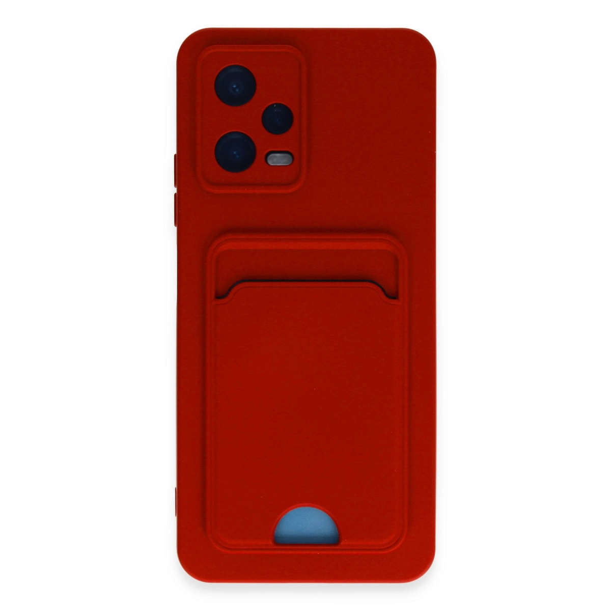 Kart yuvalı ve kamera modüllü kırmızı telefon kılıfı.