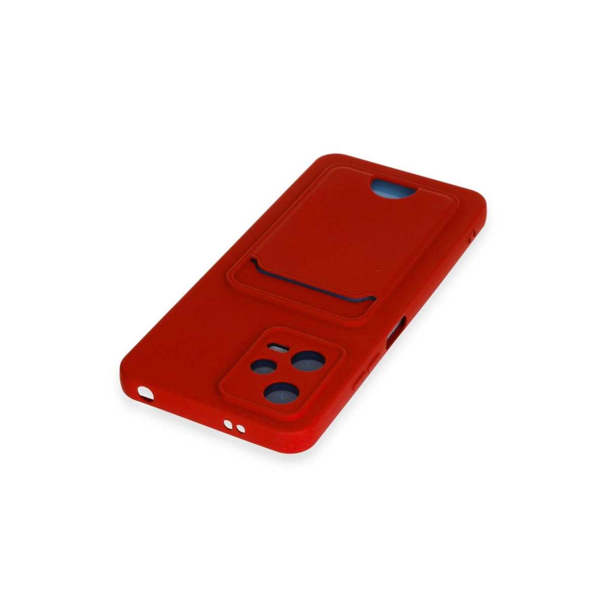 Kamera oyuntulu ve kart yuvalı kırmızı telefon kılıfı.