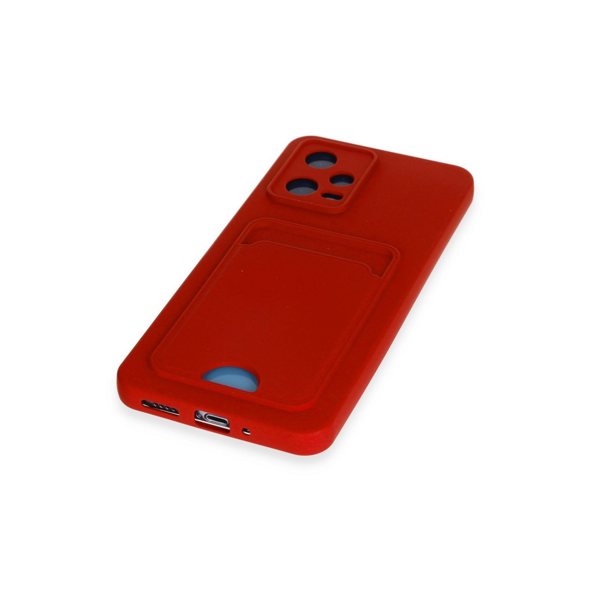 Kart yuvalı ve kamera kesimli kırmızı telefon kılıfı.