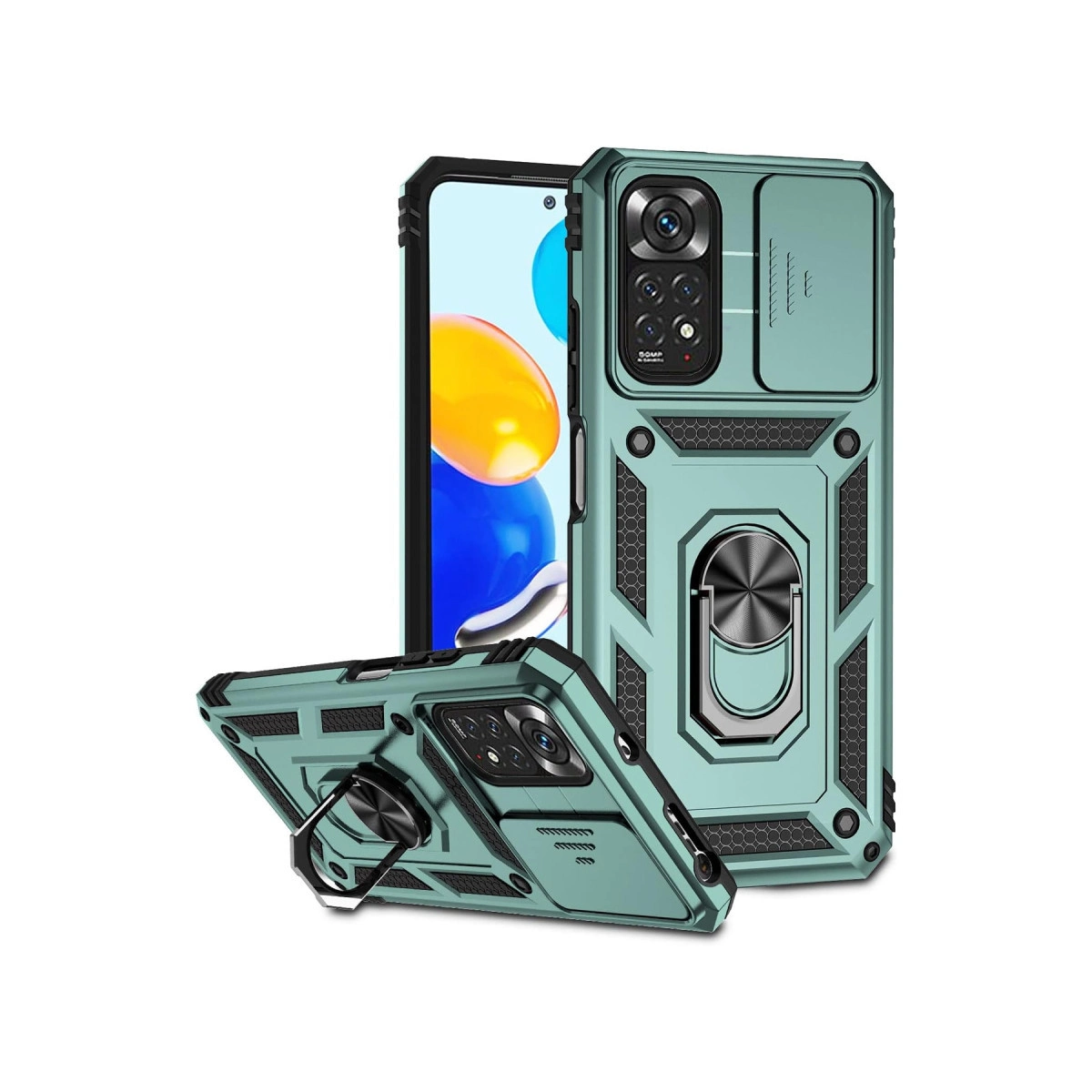 Halka ve kayar kapaklı turkuaz telefon kılıfı.
