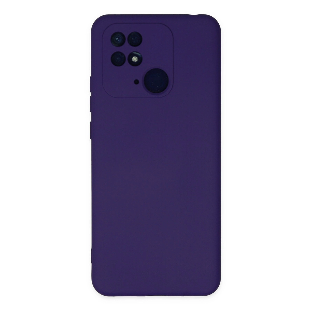 Sol üstte dikdörtgen kamera modülüne sahip koyu mor telefon kılıfı.