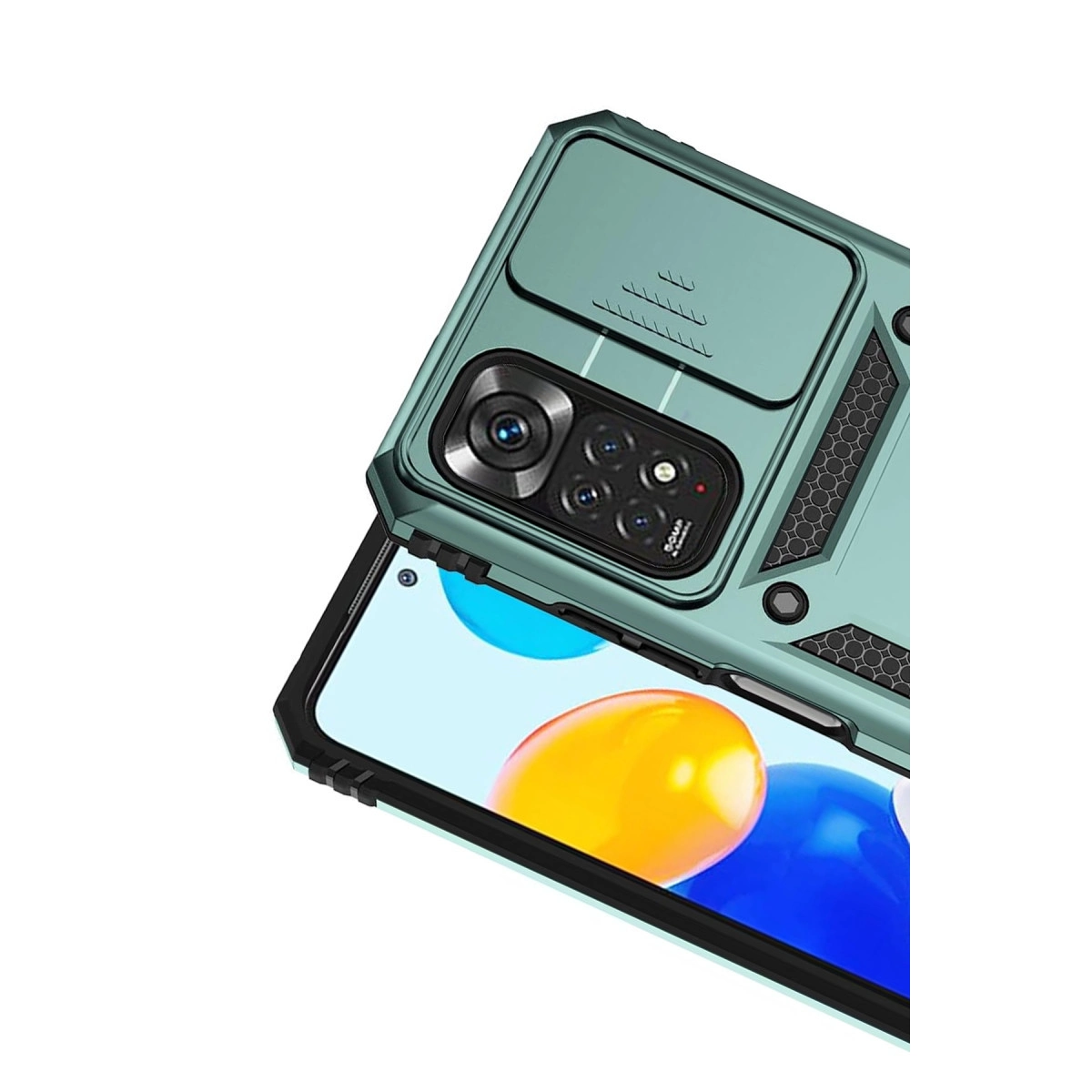 Kameralı ve dokulu desenli turkuaz telefon kılıfı. Telefon ekranı görünür durumda.