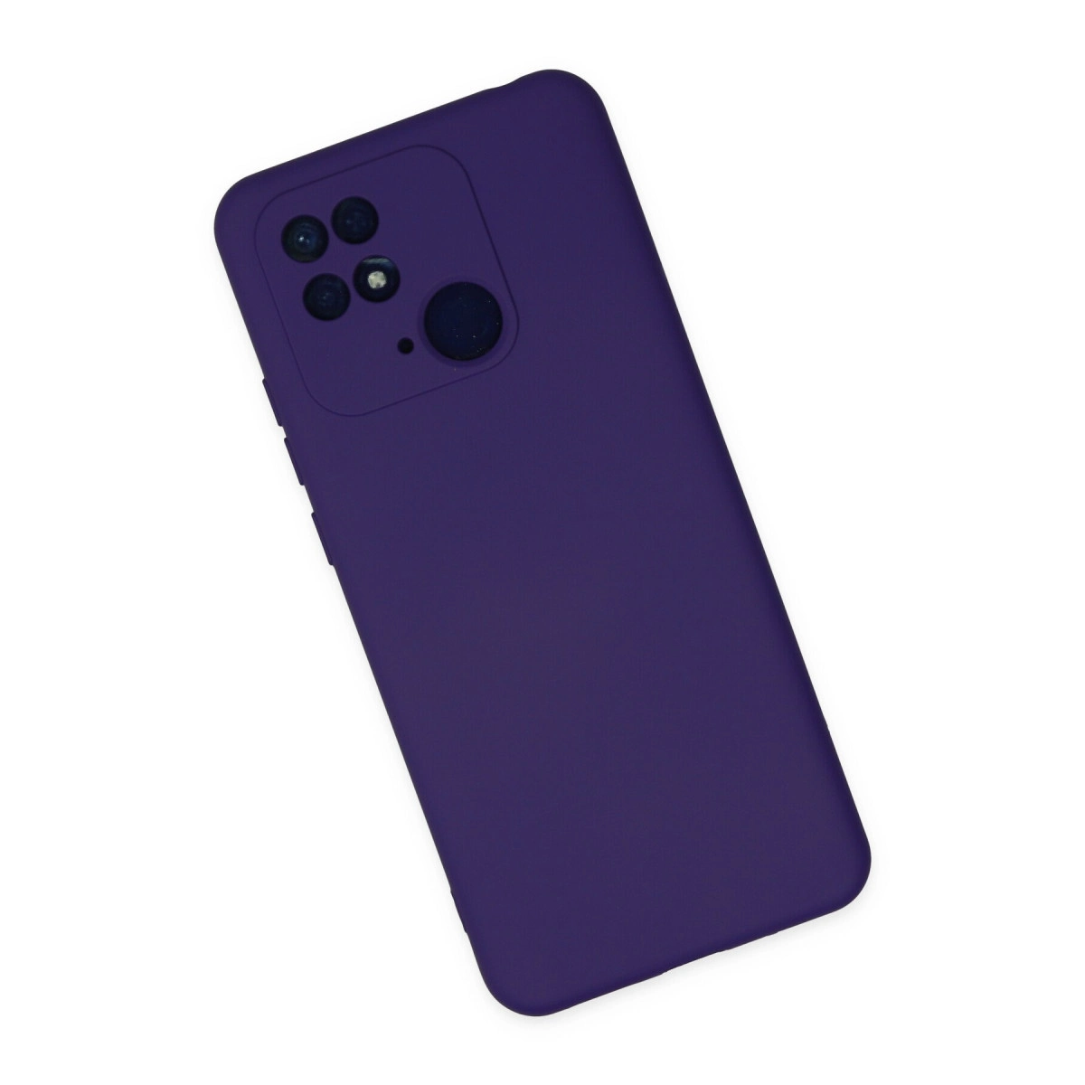 Arkada kamera modülü ve flaşı olan koyu mor telefon kılıfı.