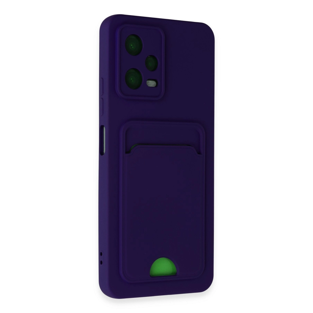 Kart yuvalı ve yeşil kamera kapaklı koyu mor telefon kılıfı.