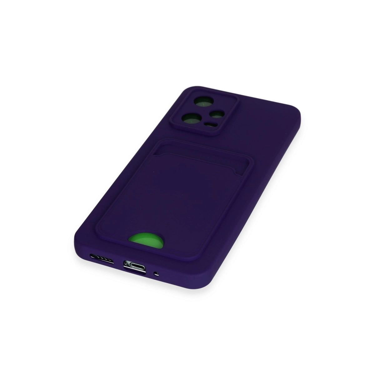 Koyu mor telefon kılıfı, kart tutucu ve yeşil vurgular.