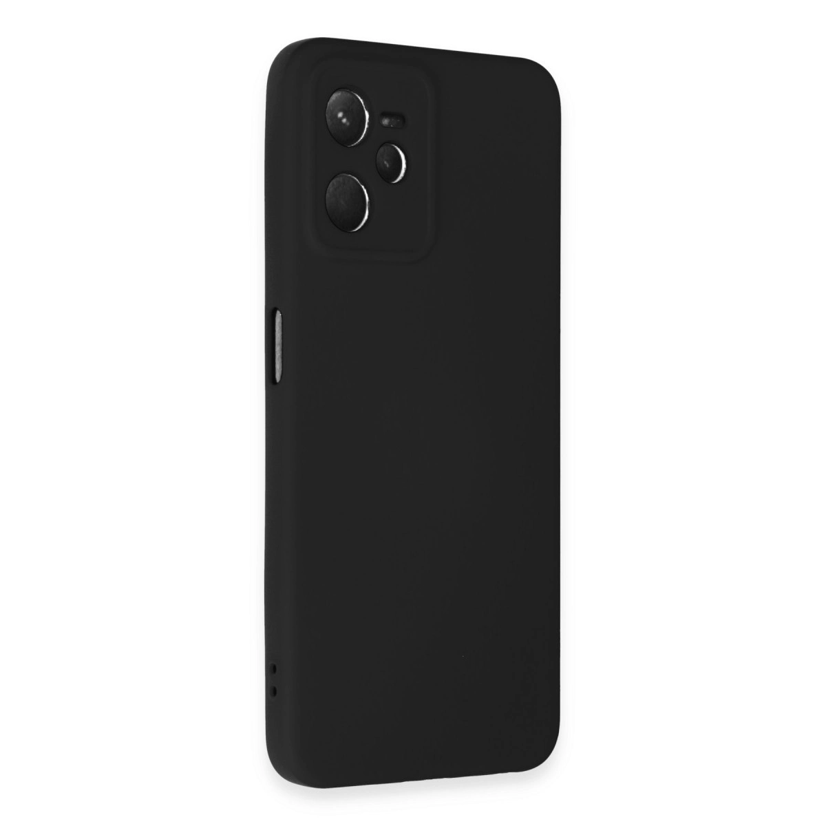 Sol üst köşede kamera modülü düzenlemesi olan siyah akıllı telefon kılıfı.