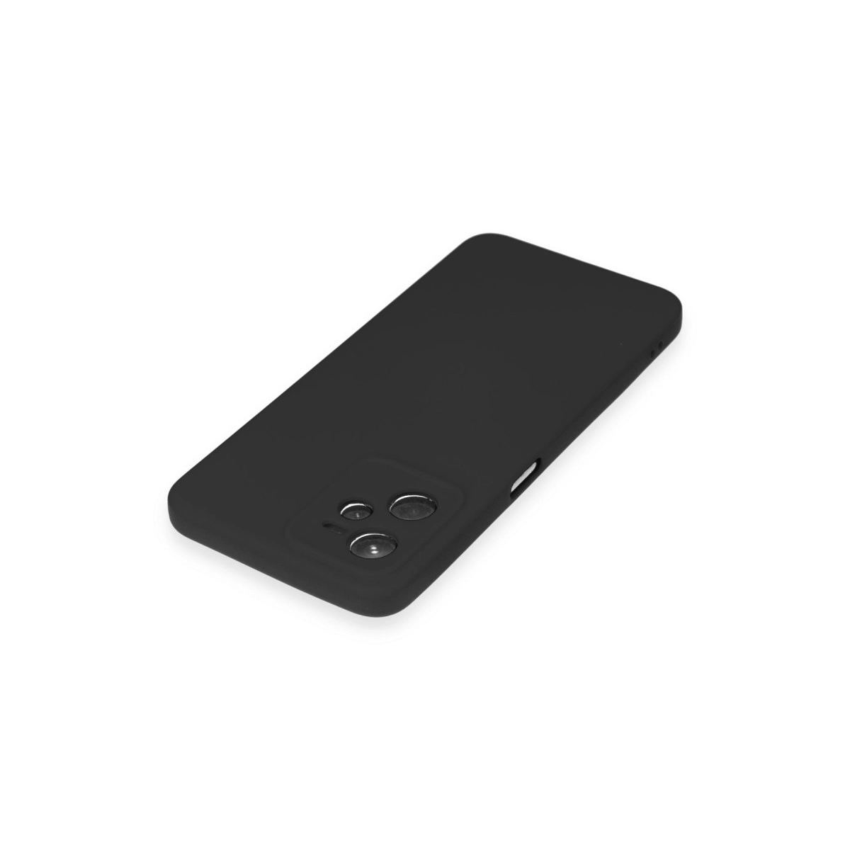 Arkada üç kamera lensi bulunan siyah telefon kılıfı, beyaz zeminde.